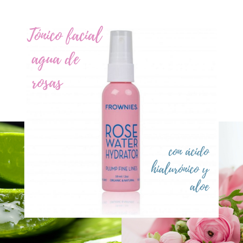 Tónico facial agua de rosas de Frownies con ácido hialurónico y aloe vera