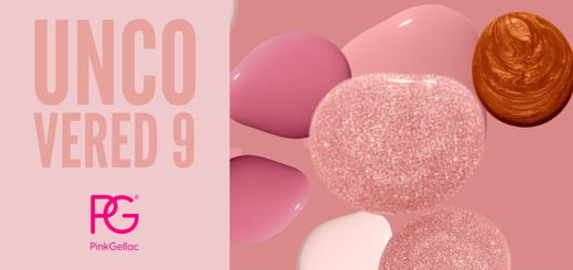 Imagen promocional con los cinco tonos de esmalte semipermanente Pink Gellac Uncovered 9: Soft Taupe, Dusty Rose, Mauve Mist, Warm Beige y Blush Pink, presentados sobre fondo neutro.