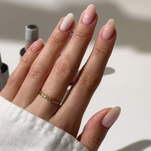 Mano femenina mostrando varios tonos de base Rubber de Pink Gellac sobre fondo neutro. Esmaltes veganos en tonos nude, sin TPO, rosados y beige, ideales para uñas firmes y manicura semipermanente de larga duración.